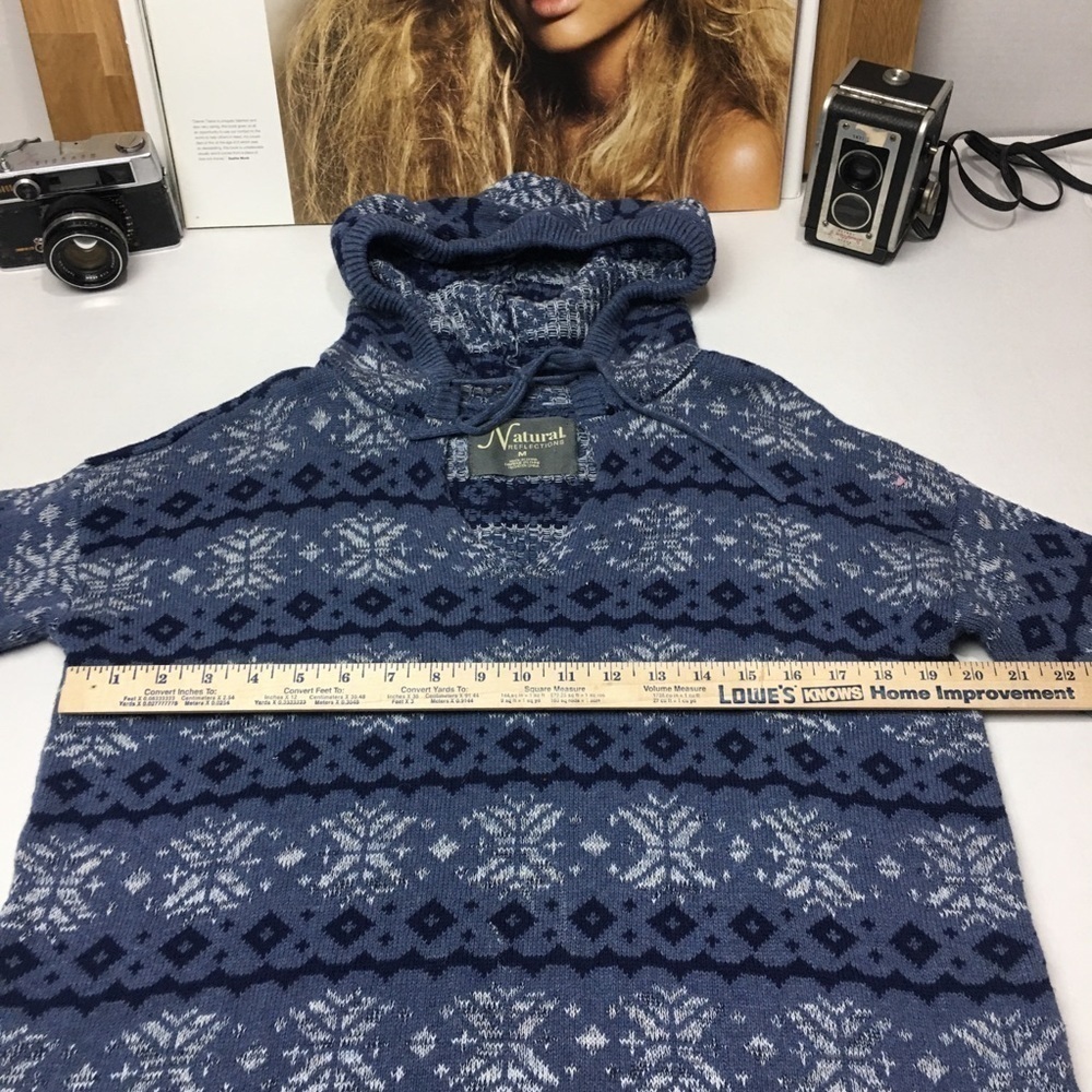 Fair Isle Nordic Hooded Sweater 100% Cotton Blue Cottagecore Cabin Core Pullover - Picture 6 of 8